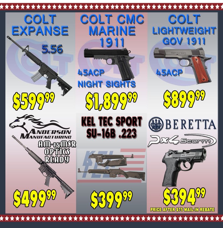 Kel Tec, Colt , Beretta and Anderson Manufacting firearms - 2017 Memorial Day Sale at Big Woods Goods